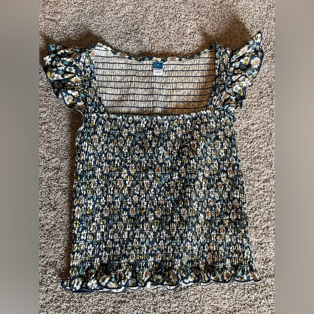 Old Navy Navy Floral Smocked Square-Neck Crop Top
